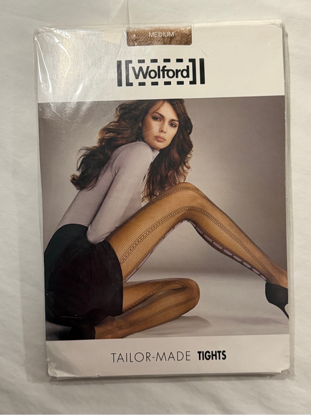 Wolford Made in Austria Woman's S, M Patterned Sheer Tights Black, Tan, Blue - Picture 2 of 10